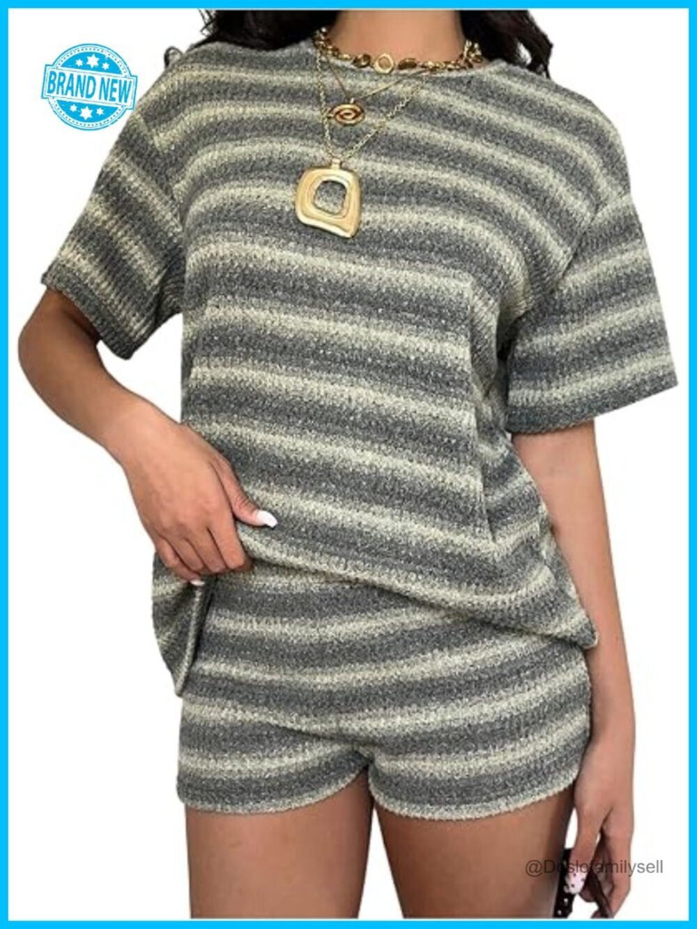 Striped Knit Loungewear 2 Piece Set - Oversized T-Shirt & Mini Shorts Matching